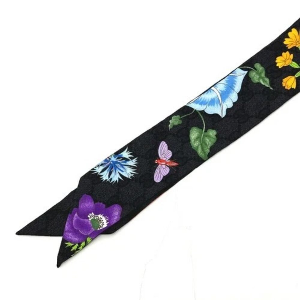 GUCCI 761704 GG Flora print Neck bow Scarf silk Black - Picture 2 of 10